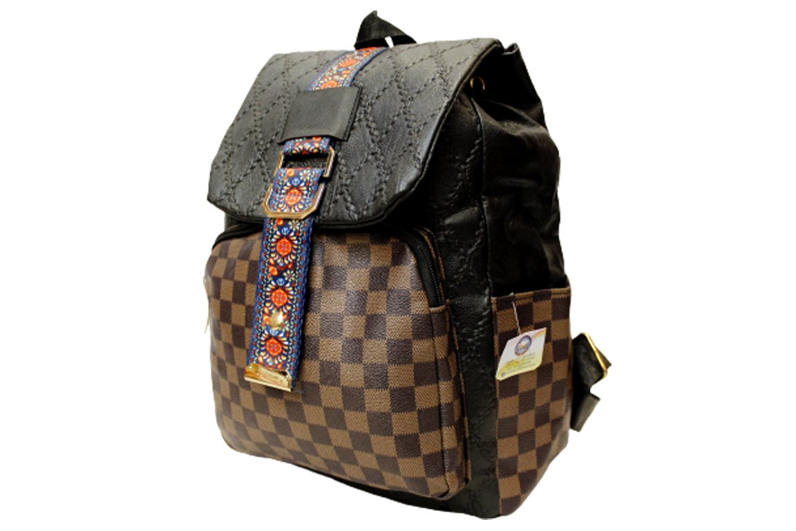 Louis Vuitton Style Brown Check Print Backpack (11176-4)